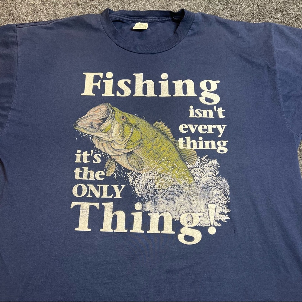 Vintage Fishing T Shirt 2XL Funny Bass Graphic Made USA Blue Tee